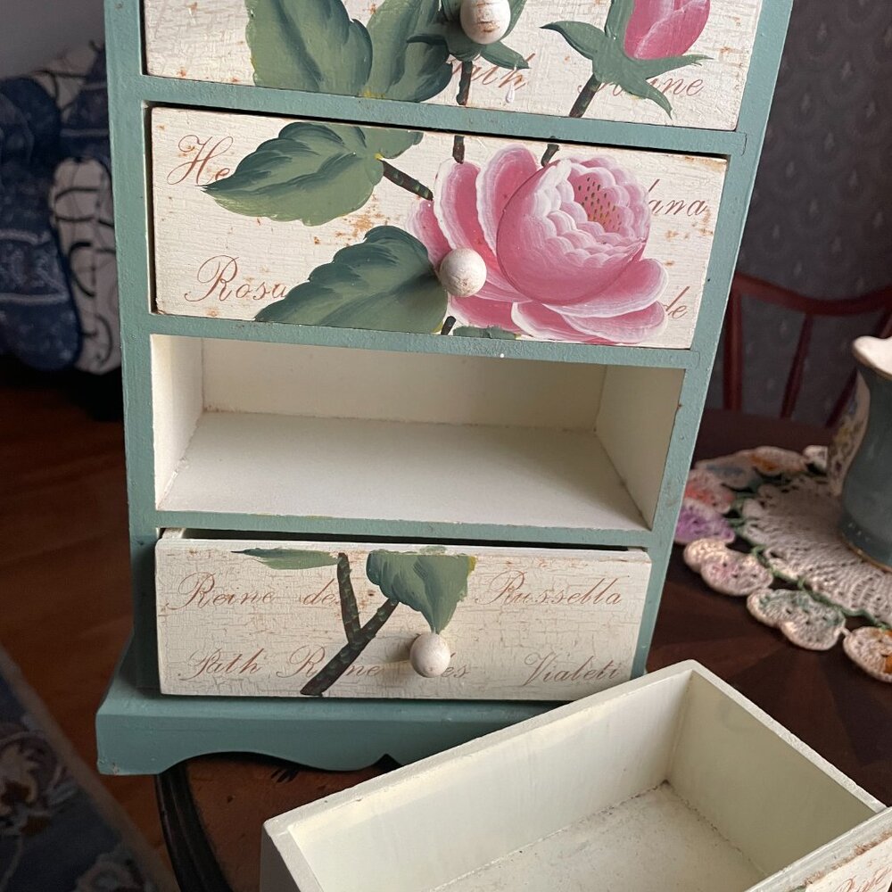 Wood hand-painted trinket box w/ 4 drawers - Picture 4 of 8